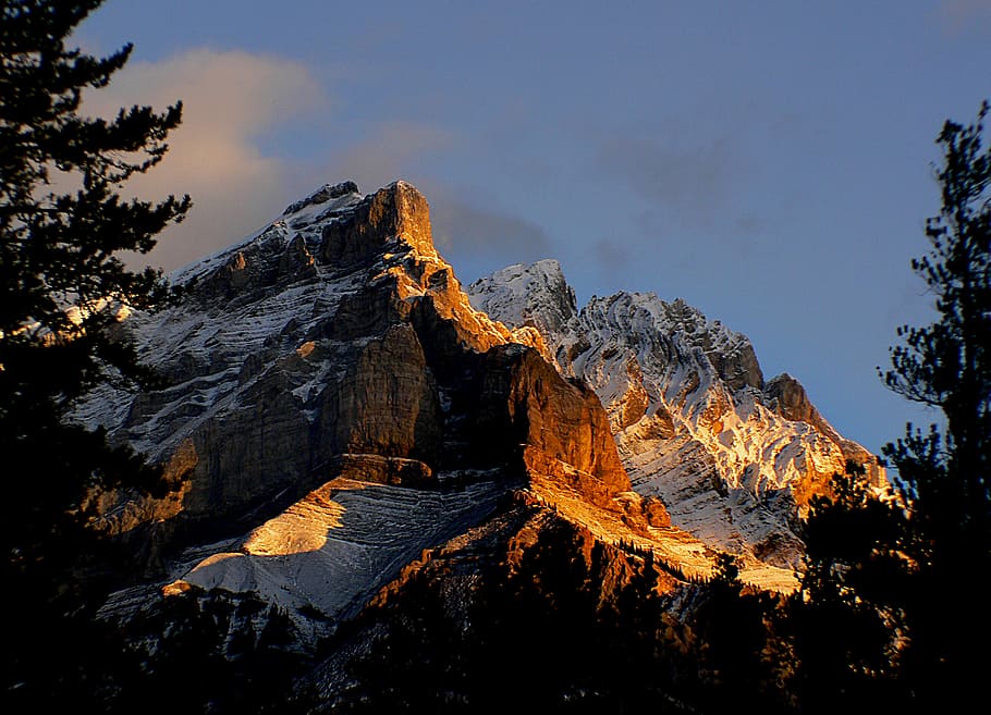 Sunrise, Rockies, snow, cove, mountain, daytime, sky, beauty in nature, tranquil scene, rock