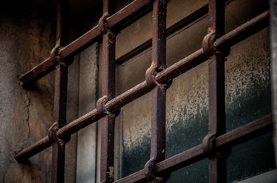 brown, metal window grill photo, window, grid, retro, prison, protection, metal, safety, rusty