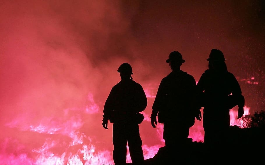 silueta foto pie, tres, bomberos, colina, incendios forestales, siluetas, hombres, fuego, peligro, humo