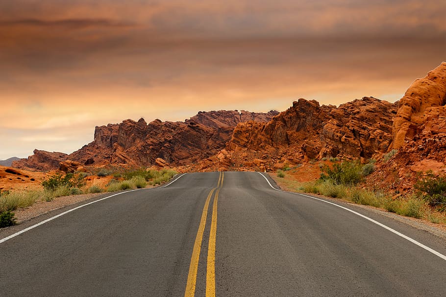 gray, concrete, road, gree grass, along, mountains, sunset, path, desert, valley of fire