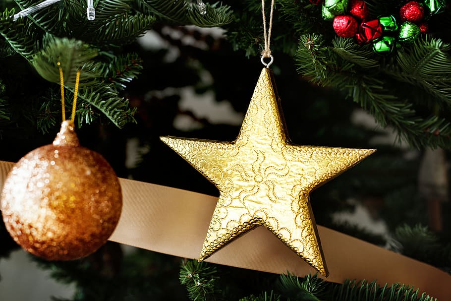 brown, star, bauble decores, baubles, celebrate, celebration, christmas, christmas tree, closeup, decorate