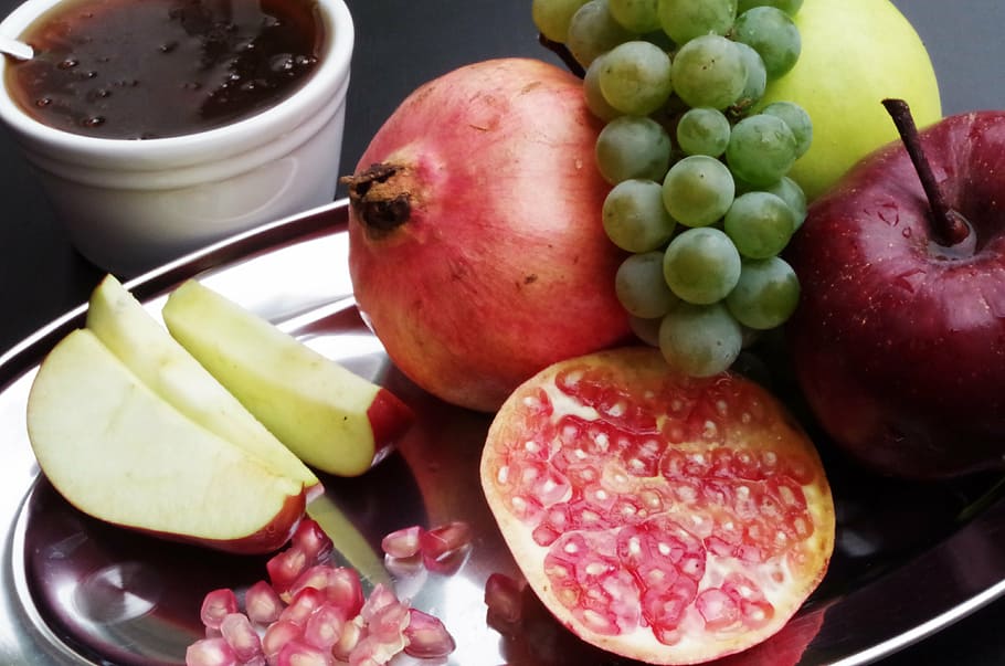 assorted, fruits, tray, new year, the israeli, apple, pomegranate, honey, the feast of the, fruit