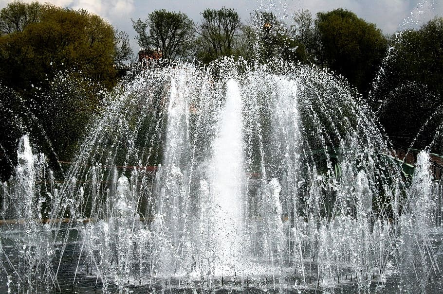 photography, water fountain, fountains, water, spouting, spraying, trees, royal ponds, joyous, motion