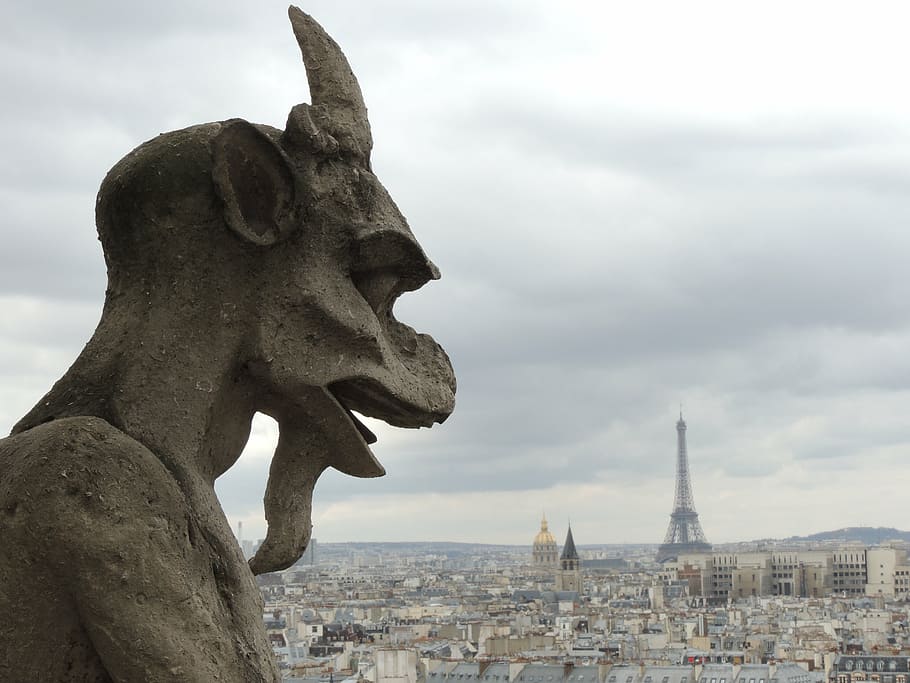 gargoyle, cloudy, daytime, paris, grotesque, notre dame, france, cathedral, french, landmark