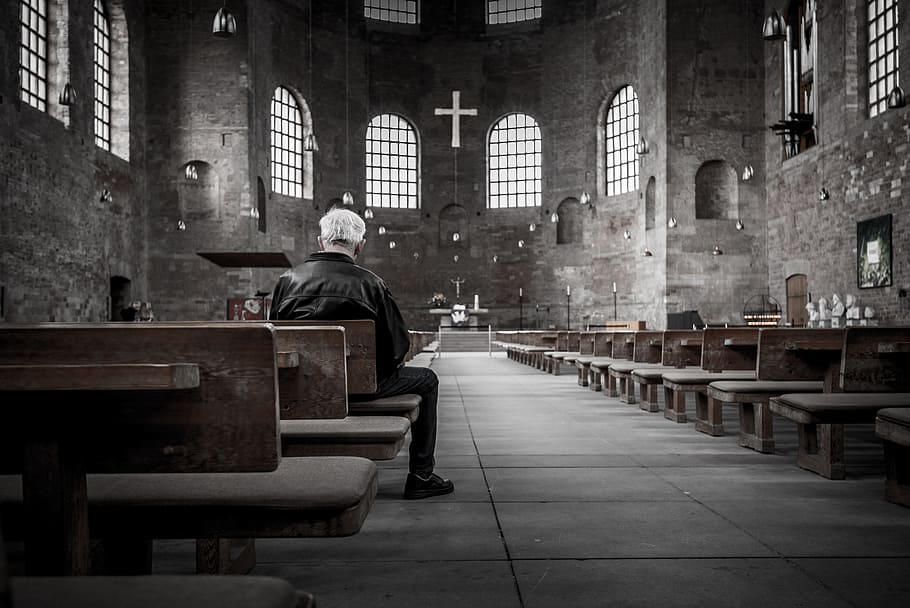 man, black, jacket, wooden, chair, inside, church, praying, prayer, cathedral