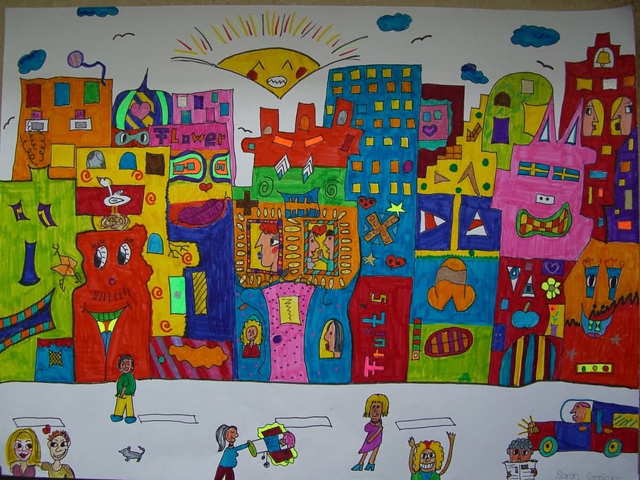 Image, Painted, Colorful, Color, james rizzi, inspired, students work, felt tip pens, multi colored, variation