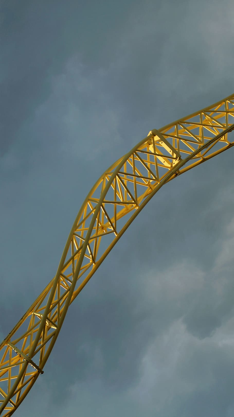 rollercoaster, roller, threat, dark sky, speed, motion, yellow, clouds, amusement, park