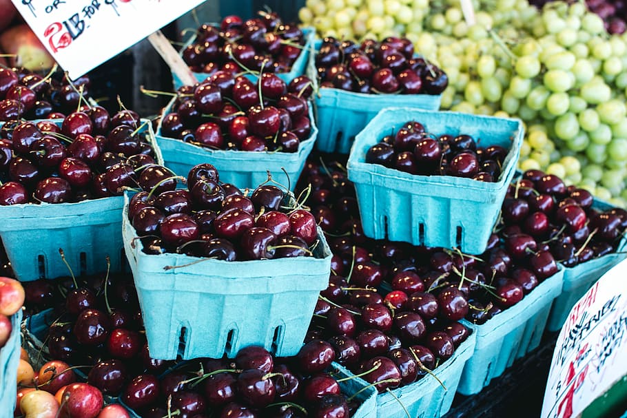 escuro, vermelho, cerejas, mercado, vermelho escuro, mercado dos agricultores, frutas, frescura, alimentos, alimentação saudável