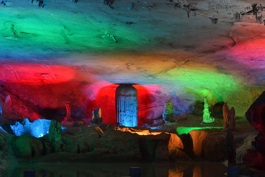 Cave, Wonders, Views, multi colored, illuminated, rainbow, night, outdoors, creativity, art and craft