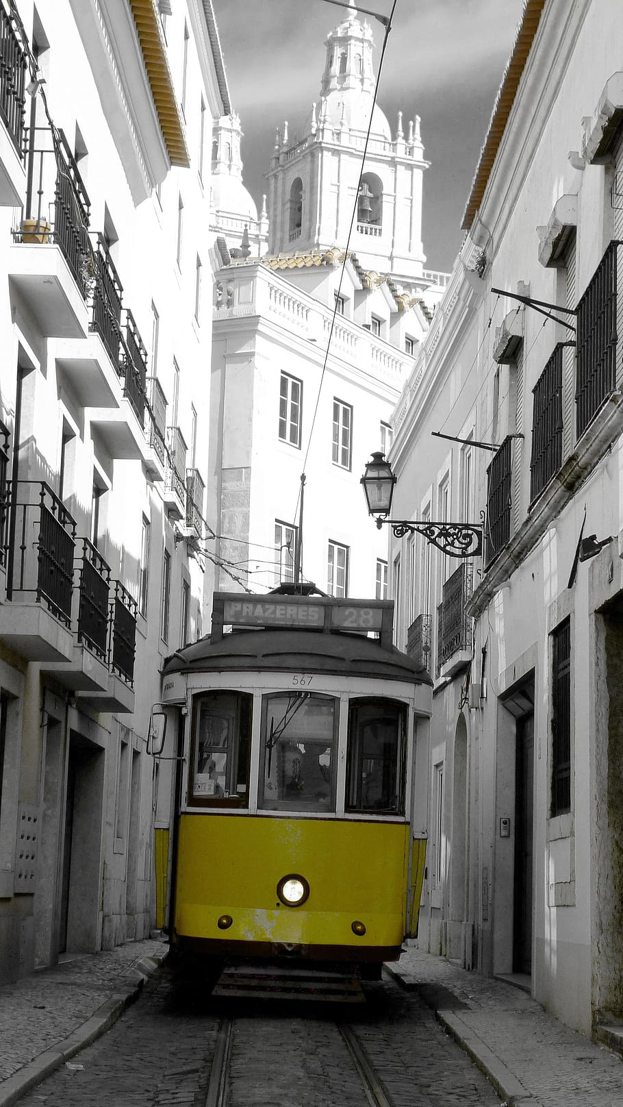 yellow, white, train, building structures, tram, transport, means of transport, architecture, lisbon, old town