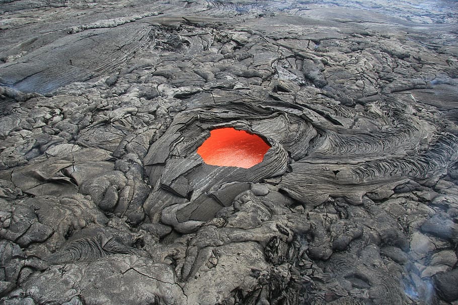 high, angle view photo, cooled, lava, volcanic, crust, molten, window, hot, heat