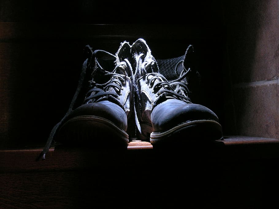 par, zapatos azules y negros, zapatos, viejo, desgastado, retro, calzado, cuero, vintage, anticuado