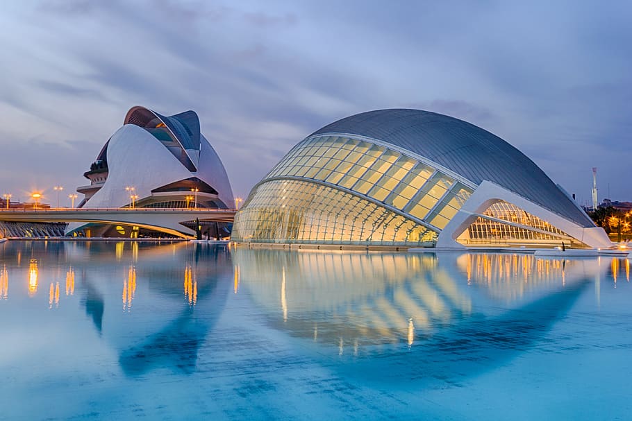 dome-shaped, white, structure, surrounded, water, valencia, spain, calatrava, sunset, city of arts