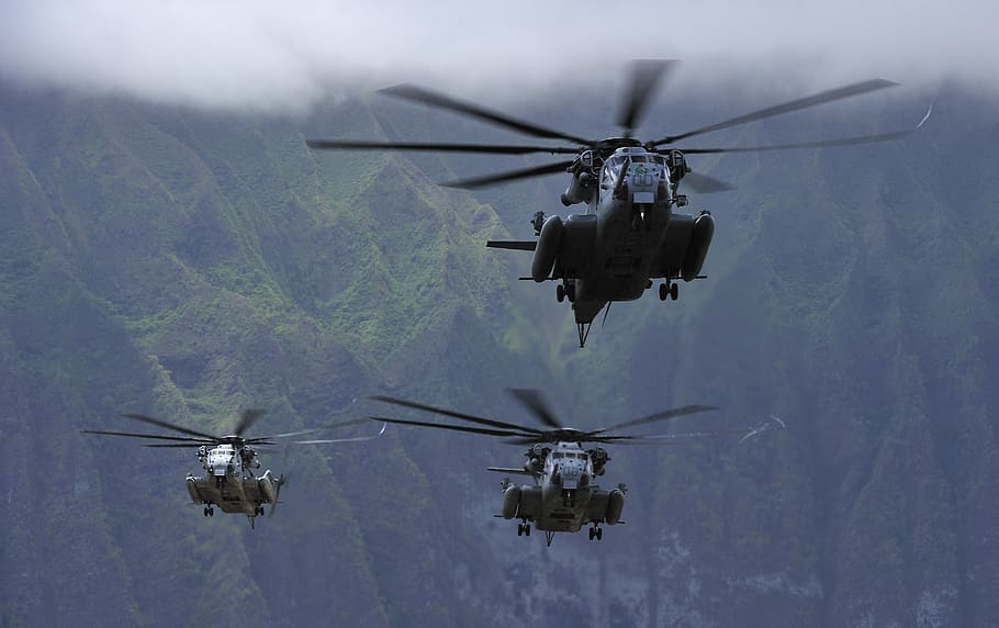 RIMPAC, 2012, três, cinza, helicópteros, durante o dia, veículo aéreo, helicóptero, voador, transporte
