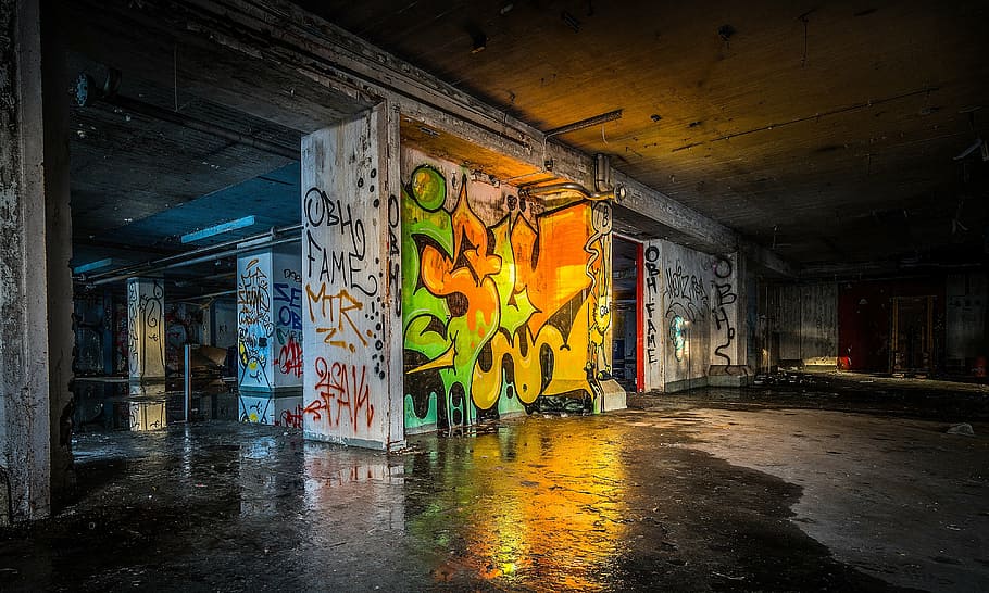 multicolored wall painting, urban, warehouse, factory, building, industrial, industry, structure, space, wall