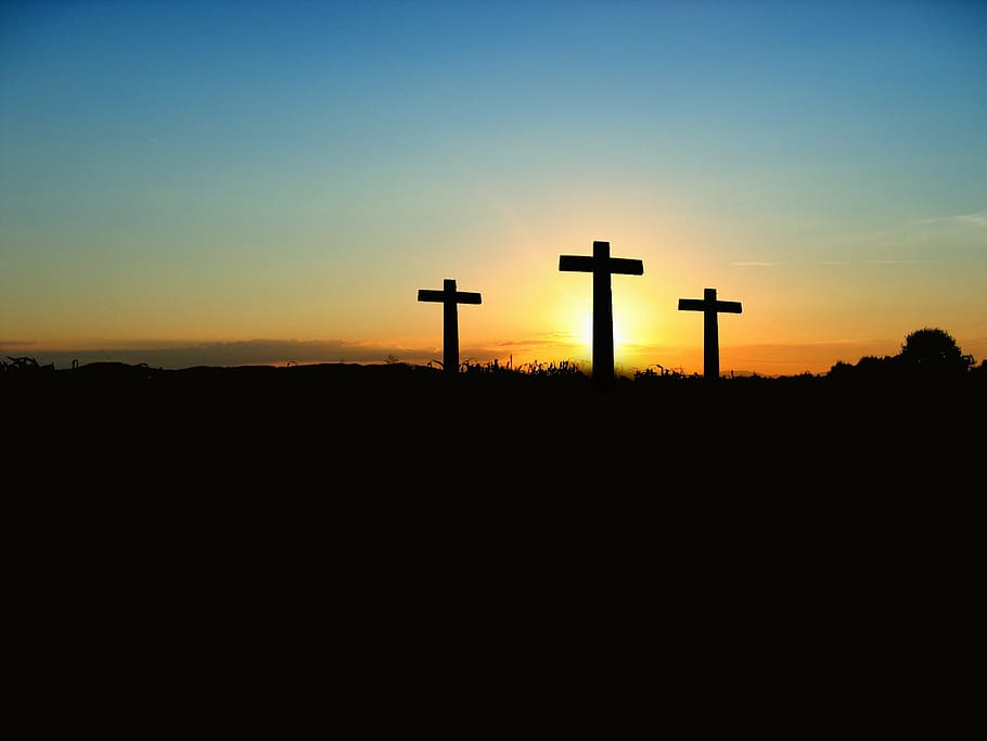 tres, cruces, horizonte, cruz, puesta de sol, amanecer, colina, cielo, sol, crucifixión
