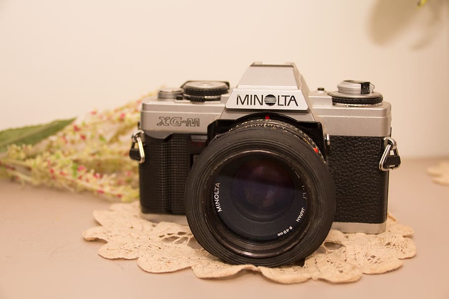 minolta, camera, old, black, white, shot, antique, equipment, photographic, film