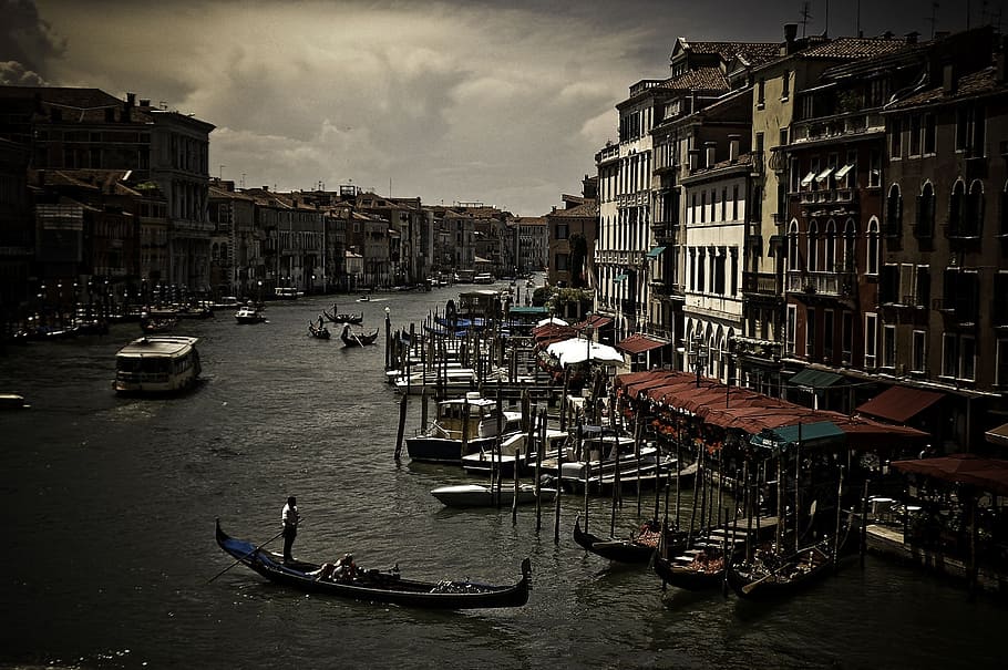 gondola, kanal, venesia, italia, perjalanan, perahu, air, gondolier, transportasi, venezia