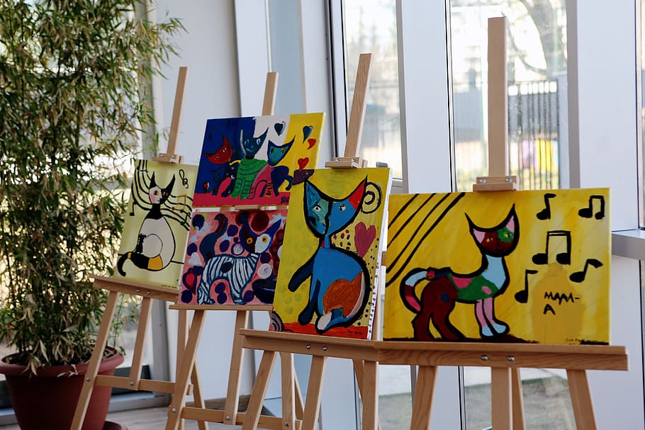 five, cat paintings, easels, student, pictures, exhibition, gallery,  painting exhibition, cat, art | Pxfuel