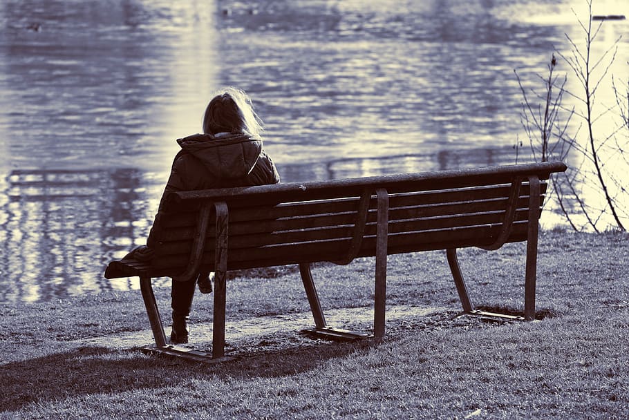 person, sitting, brown, becnh, woman, people, solitary, alone, bench, pond