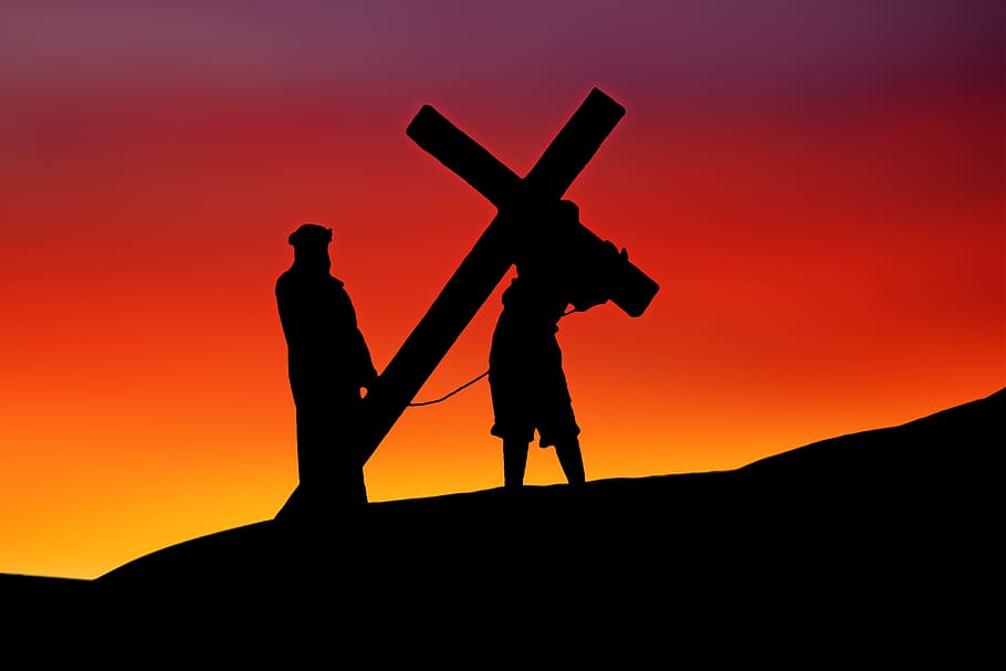 silhouette photo, jesus christ image, holding, cross, easter, jesus, crucifixion, religion, faith, history