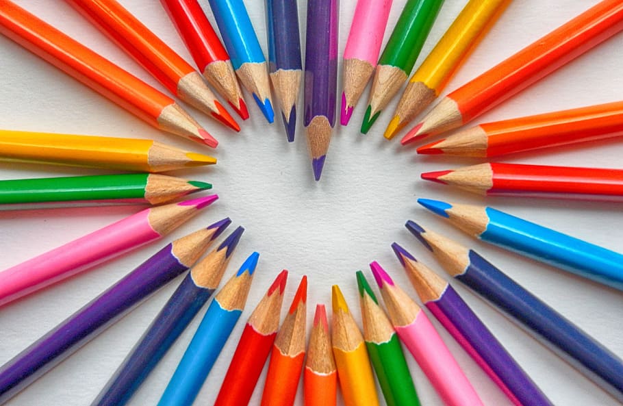 assorted-color pencils, forming, heart, colored pencils, love, map, romance, greetings, colorful, welcome