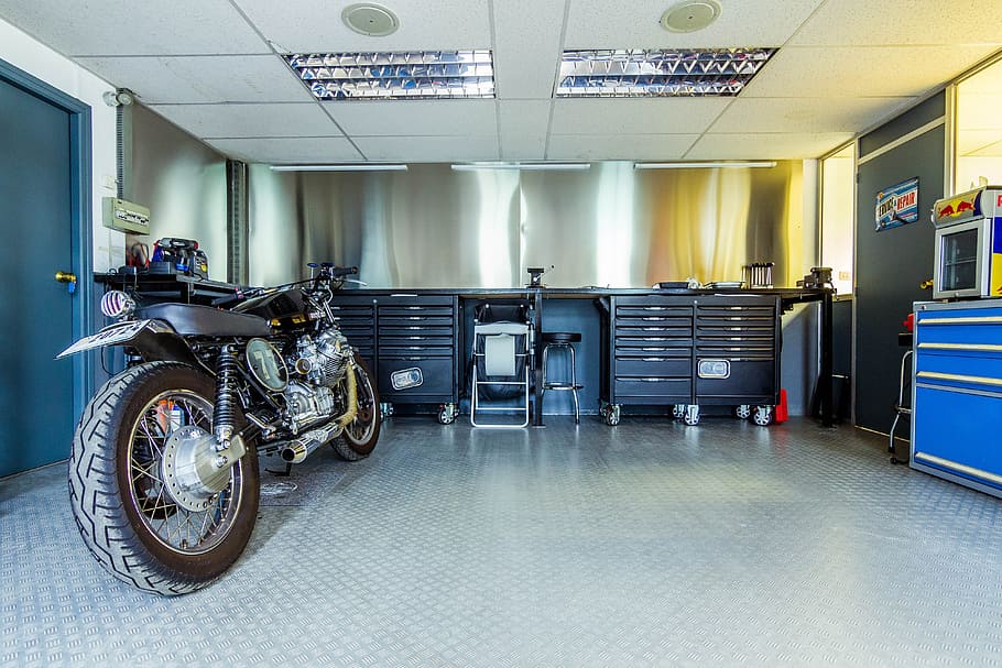 black, standard, motorcycle park, inside, building, motorcycle, motorbike, garage, workshop, tools