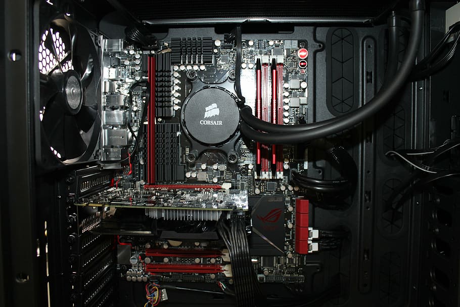 opened, black, red, computer tower, machine, pc, gamer, corsair, inside, technology