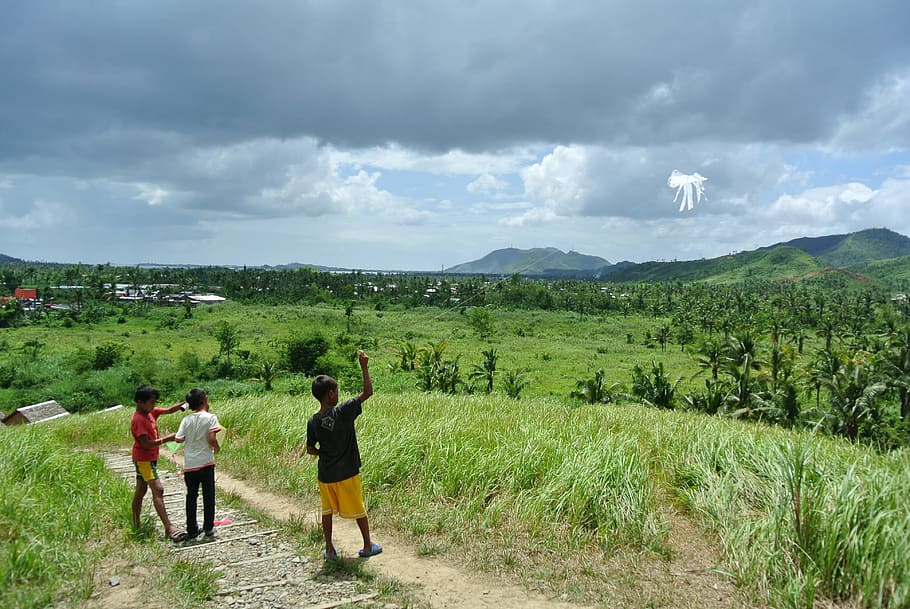 boys, kites, philippines, countryside, cloud - sky, sky, rear view, plant, real people, landscape