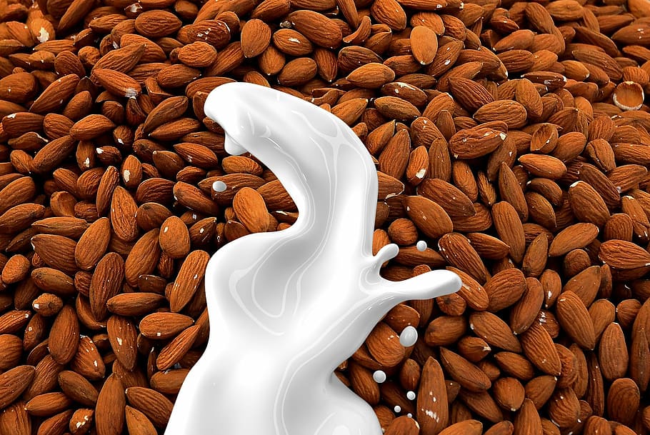 closeup, stack, brown, nuts, almond milk, milk, nut milk, non dairy, almond, beverage