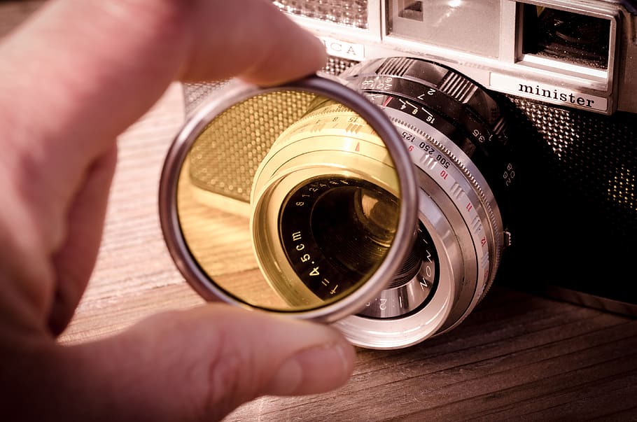person, holding, camera lens, cover, yashica, filter, camera, vintage, photography, classic