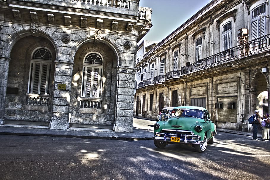 coche viejo, ciudad, la habana, cuba, coche, vehículo, transporte, taxi, clásico, arquitectura