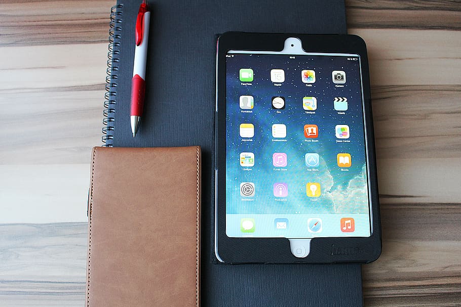 white, ipad, case, pen, book, placed, wood plank, tablet, touch screen, notebook