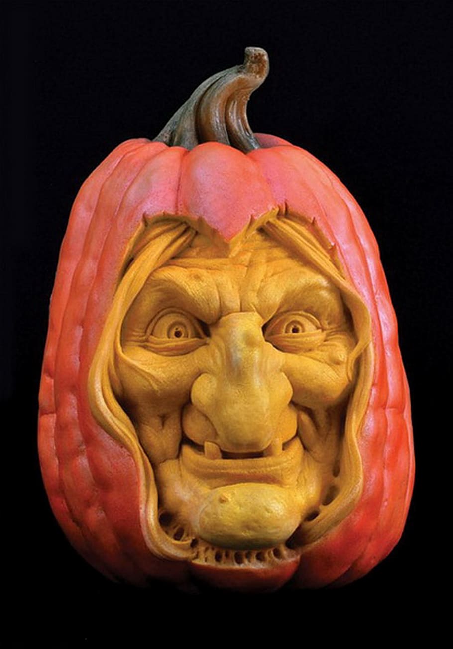 Sculpted, Pumpkin, Halloween, spooky, horror, black Background, human Face, fear, isolated On Black, carving - Craft Product