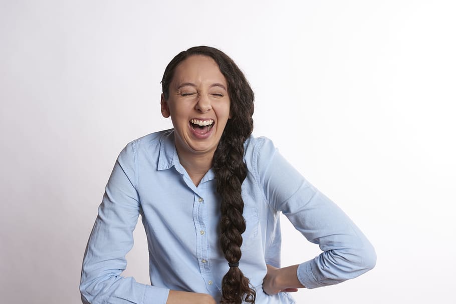 white, dress shirt, smiling, Hilarious, Woman, Laughing, Female, smile, happy, young