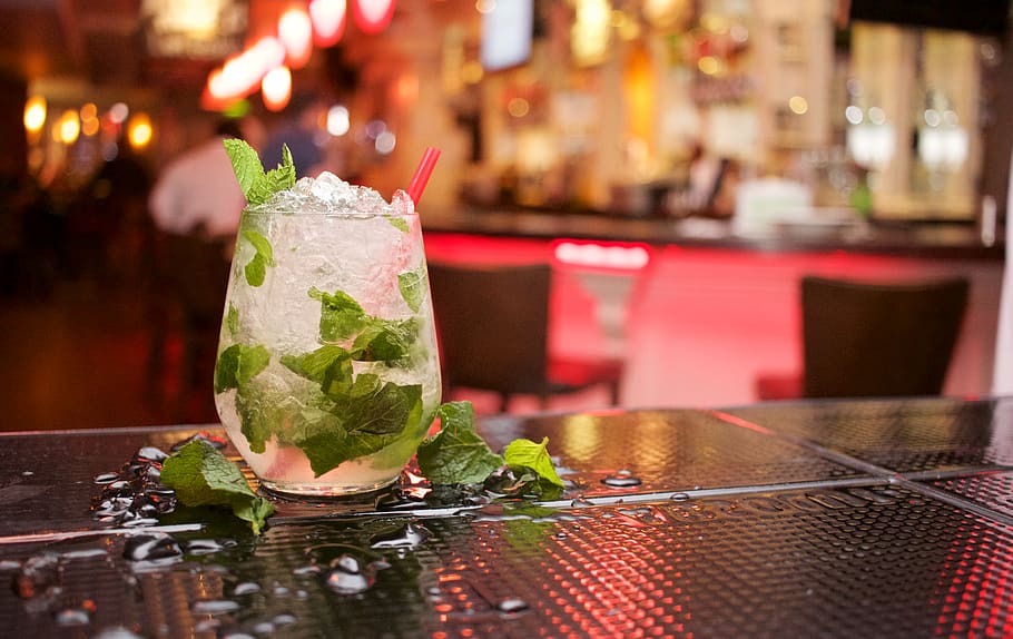 mojito, cocktail, drink, beverage, alcohol, mint leaves, bar, table, straw, ice