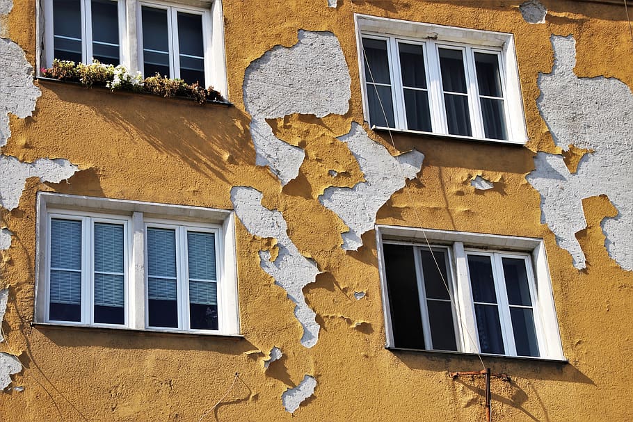 old plaster, façades, yellow, wall, old windows, facade, building, the walls of the, surface, pattern