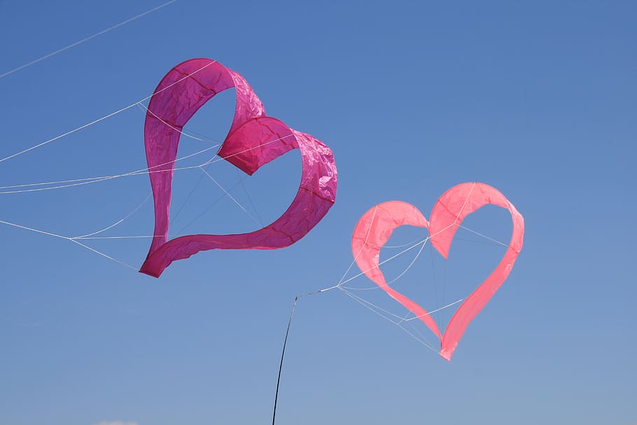 kite flying, heart, sky, fun, dragons, blue, flying, windy, positive emotion, heart shape