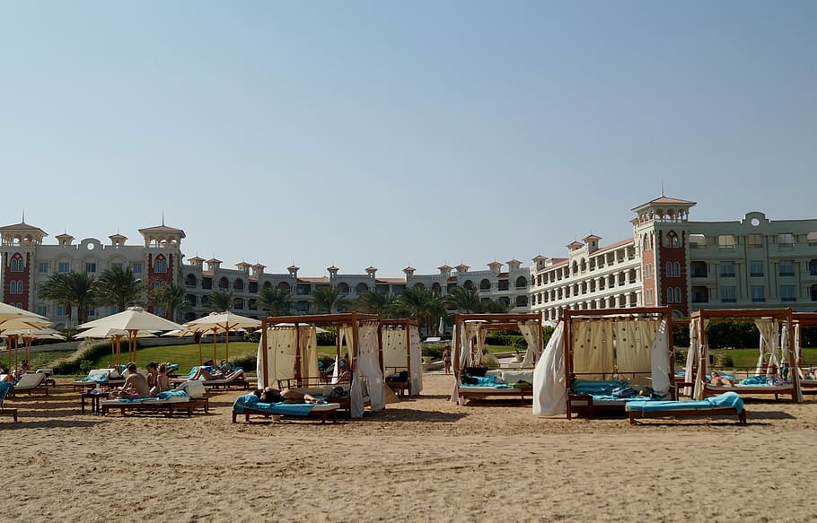 Egypt, Hurghada, Sand, Sun, Beach, bathing, sea, hotel, parasol, lounge chairs