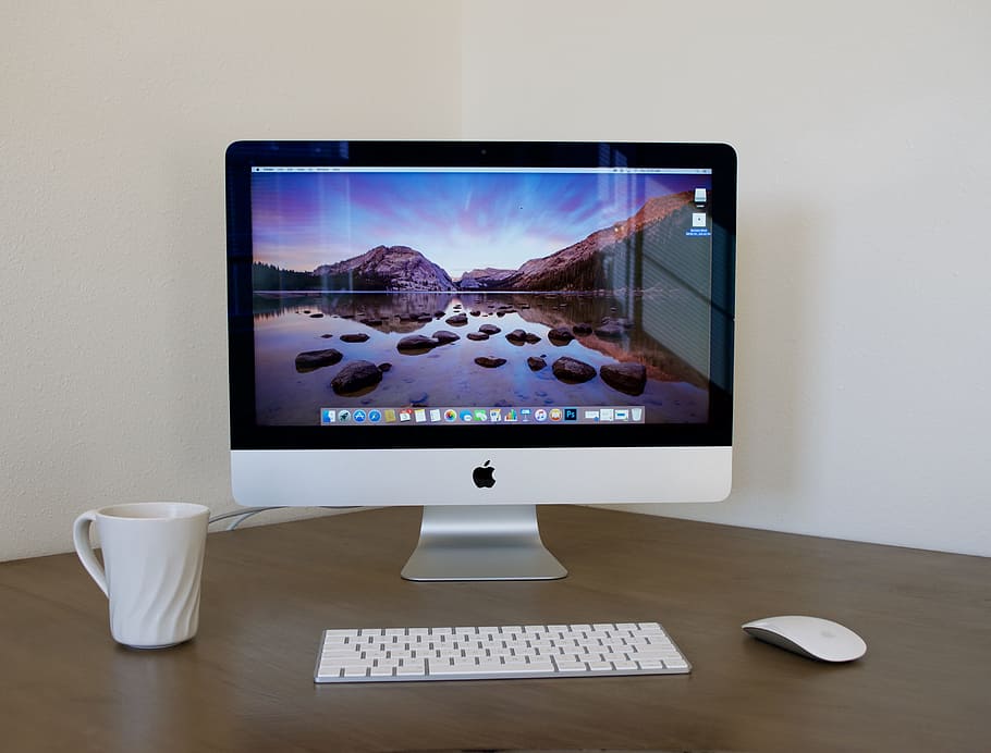 silver imac, magic keyboard, magic mouse, top, brown, wooden, table, imac, desktop computer, home office