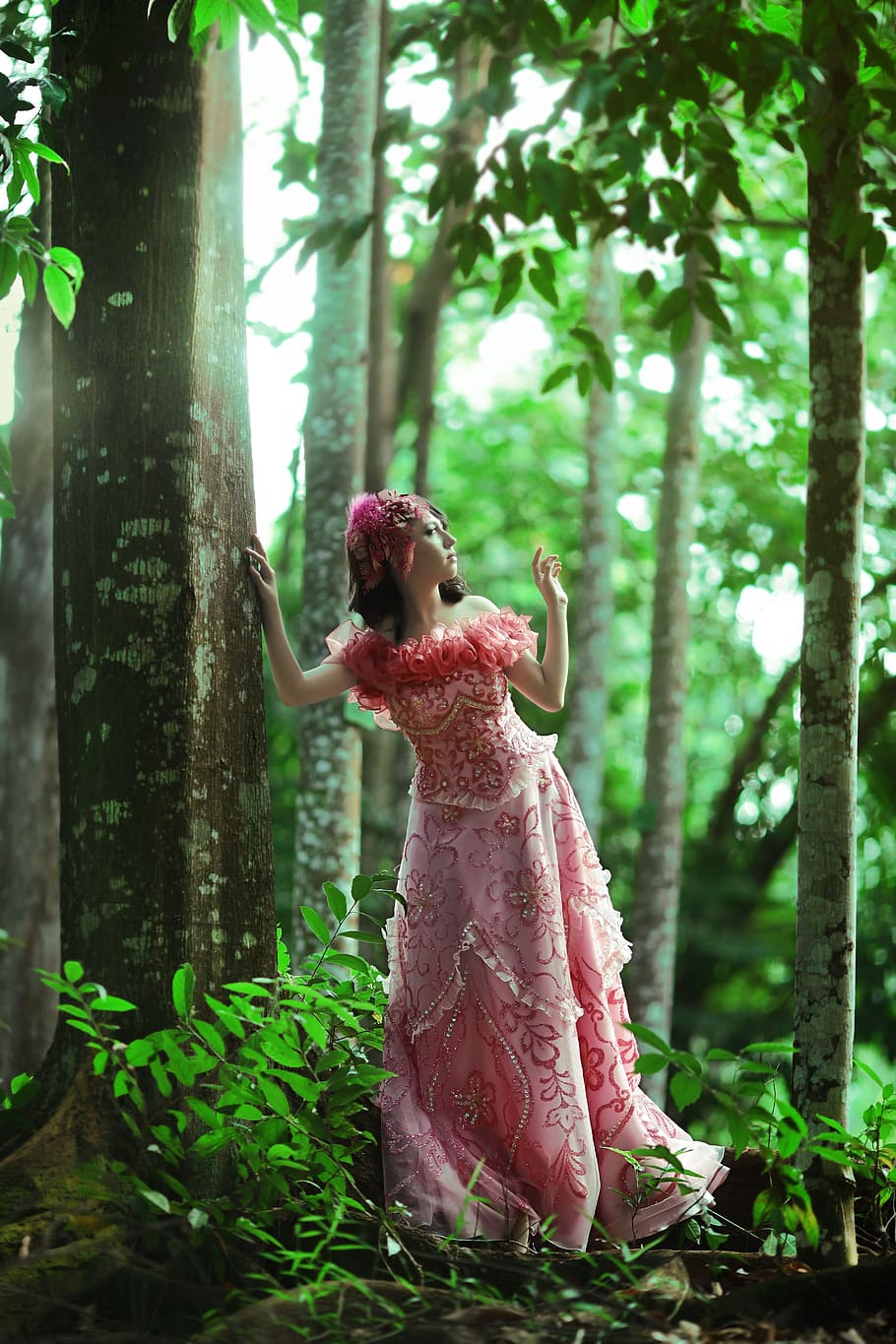 woman, wearing, pink, red, floral, off-shoulder dress, standing, tree, beautiful woman, dress