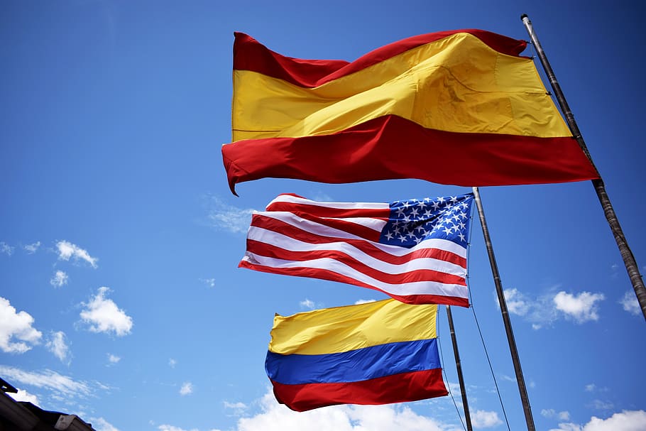 colombia, spain, united states, flags, football, 2019, bogota, flag, sky, patriotism