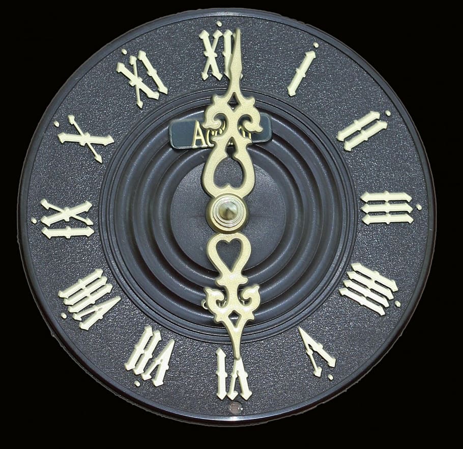 black, analog clock, 6, clock, face, dial, close-up, roman numerals, isolated, background