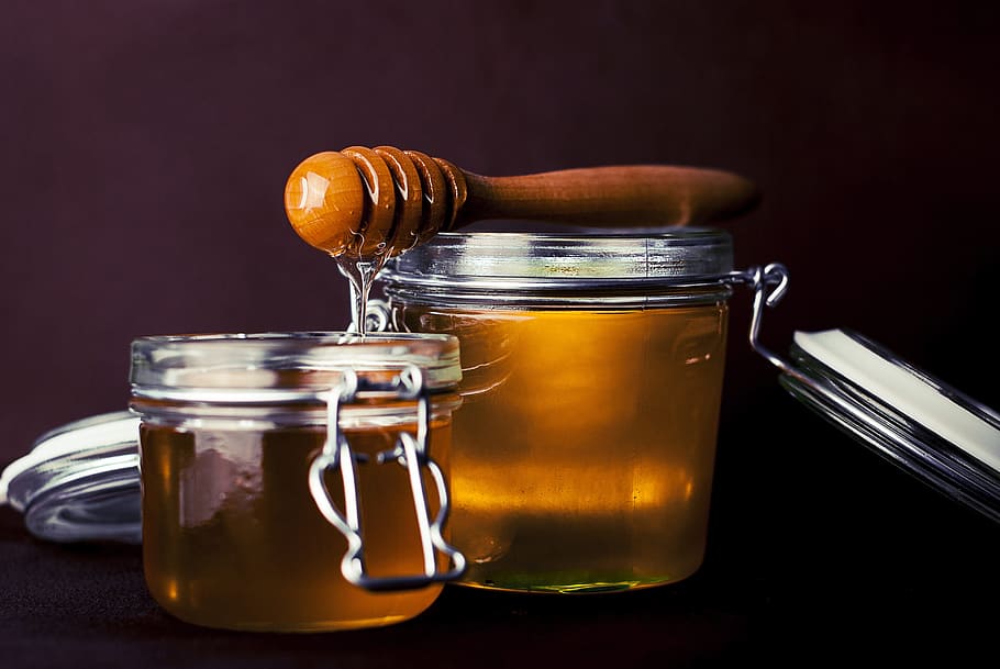 honey, clear, glass canister, sweet, tasty, food, delicious, healthy, natural, organic