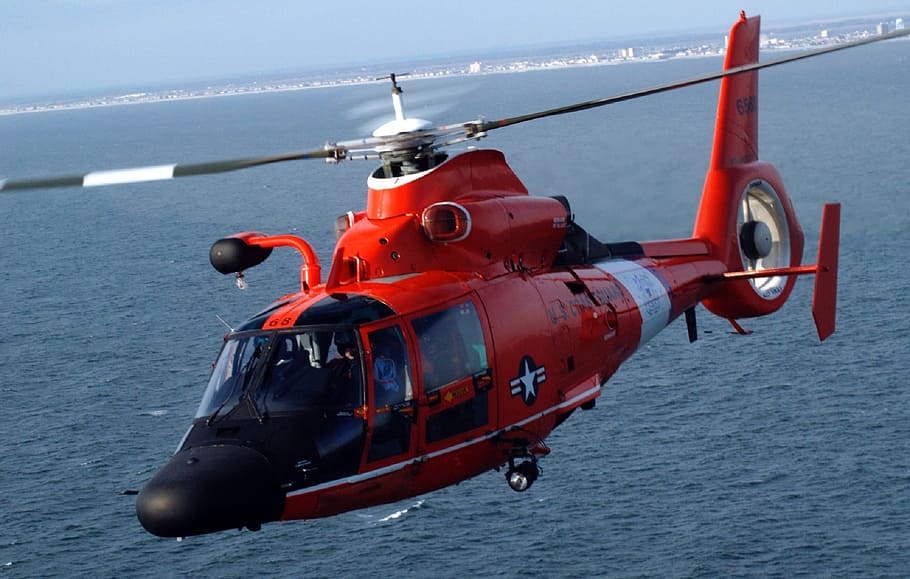 helicopter, mh-65 dolphin, search and rescue, sar, twin-engine, single main rotor, coast guard, usa, flying, ocean