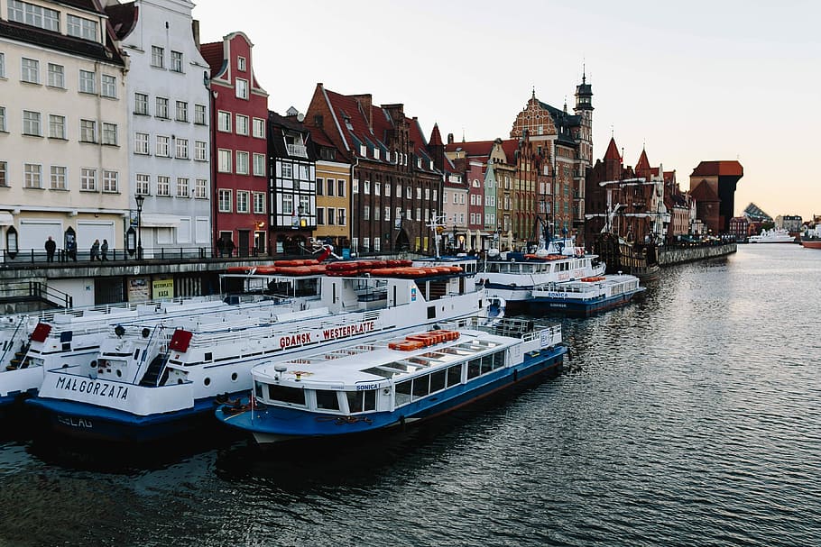 Foto, Gdansk, Polandia, arsitektur, kota tua, rumah petak, nautical Vessel, Scene urban, Tempat terkenal, air
