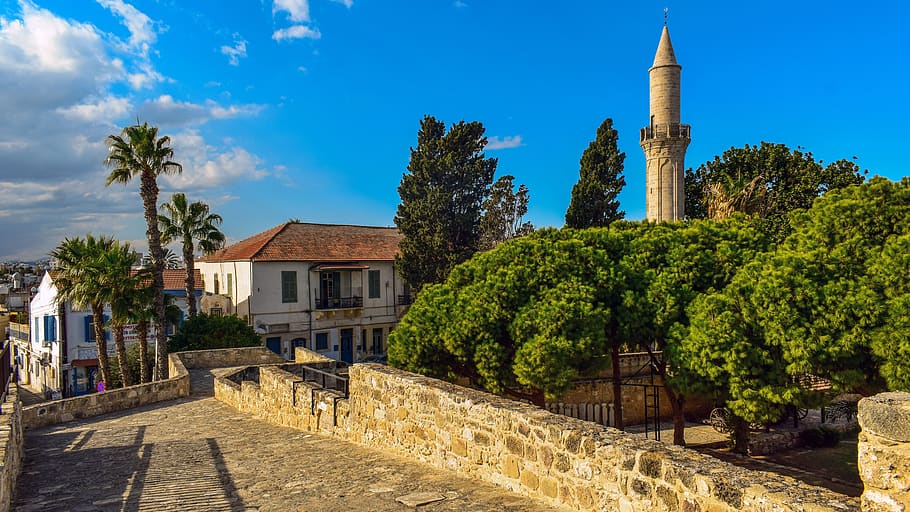 cyprus, larnaca, old town, castle, mosque, architecture, built structure, building exterior, tree, plant