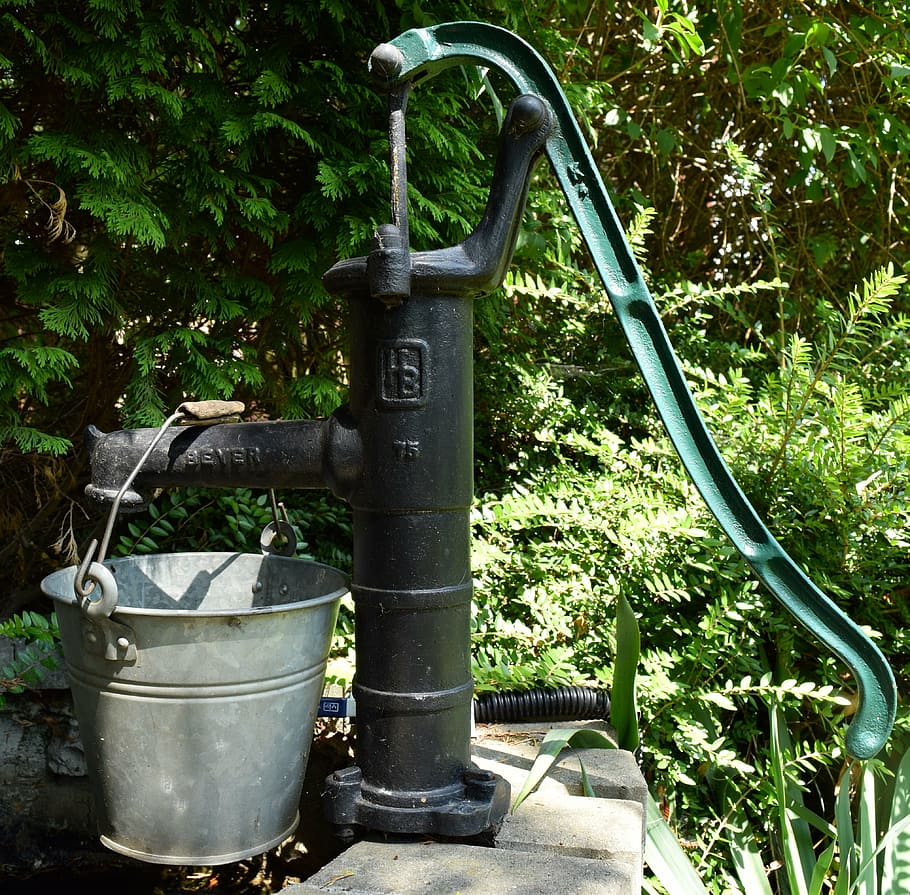 black, water hand, pump, gray, bucket, garden pump, flow, garden, hand pump, casting