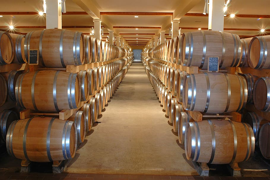 brown, wooden, barrel lot, winery, chai, barrel, wine, cave, castle, white wine