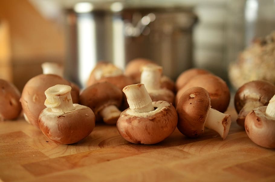 brown mushroom lot, mushrooms, brown mushrooms, cook, eat, food, close, preparation, kitchen, cutting board